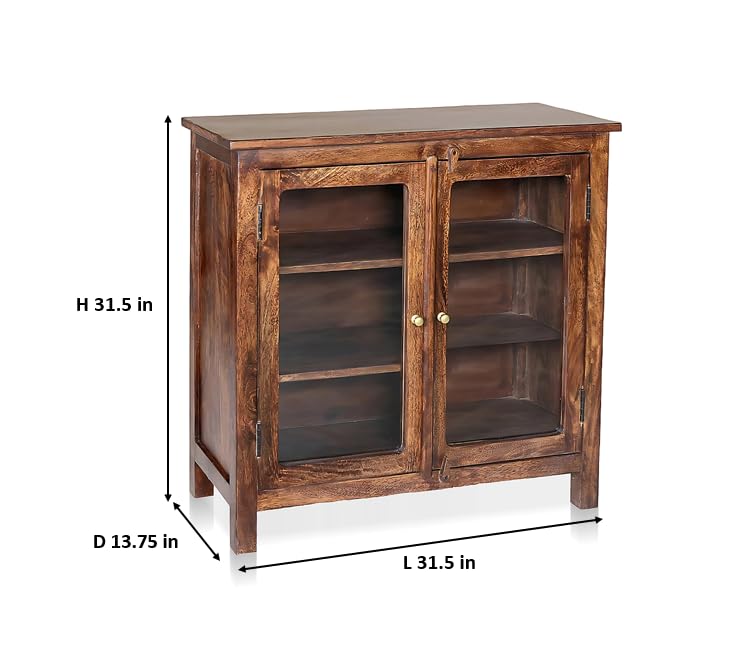 Image of APRODZ 2 Door Cabinet with Wicker Front 2 Shelves | Mango Wood Storage Organizer | Rustic Durable Stylish Wooden Furniture | Compact Design Home Decor (Tubaq)