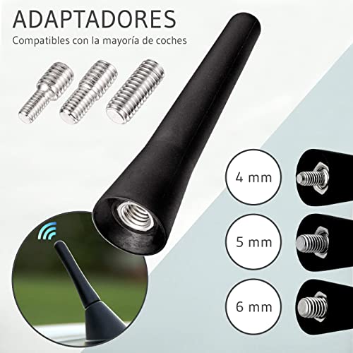 Typicshop - Antena Coche Mini Universal de 6,5 cm - Antena Coche Corta Radio Am/FM (Adaptador Rosca 4, 5 y 6 mm) - Negra