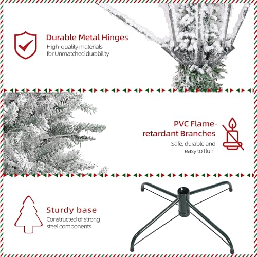 Image of Flocked 7.5 ft Slim Pre-lit Christmas Tree with Warm White Lights, Foldable Metal Stand, Easy Assembly Artificial Tree for Home, Office Decoration