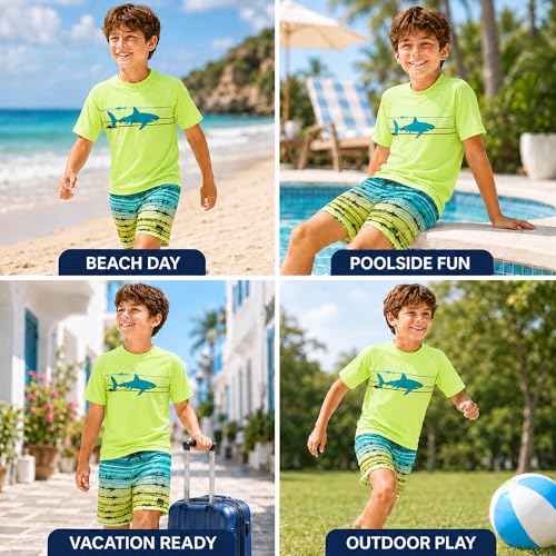 Image of Big Chill Boys Swim Set - 2 Piece Quick Dry UPF 50 Short Sleeve Rash Guard for Boys and Swim Trunks - Swimwear Set for Kids