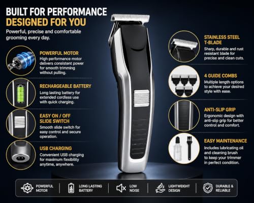 Image of HTC AT-538 Professional Rechargeable Hair Clipper Trimmer | Cordless Design, T-Blade Precision, For Men, Black & Silver