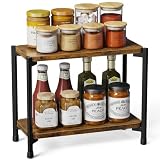 pickpiff 2 Tier Spice Rack Organizer for Kitchen Countertop, Wood and Metal Seasoning Shelf, Space-Saving Spice Organizer for Kitchen Counter, Coffee Bar and Dining Table, Brown