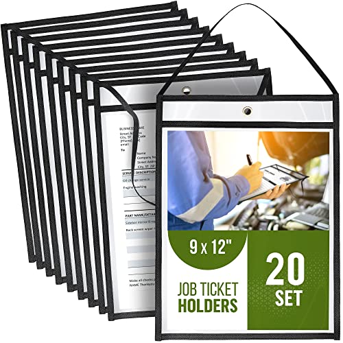 20 Pack Job Ticket Holders 9X12 With Strap - Hanging Shop Ticket Holders - Work Order Plastic Sleeves For Documents - Dry Erase Pocket Sleeves - Dry Erase Pockets - Clear Pocket Sleeves 9 X 12 #TOP14