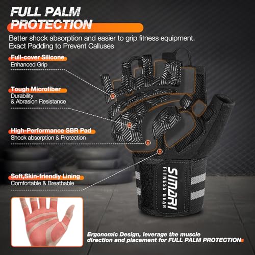 SIMARI Workout Gym Gloves for Men Women, Weight Lifting Gloves with Wrist Wrap Support, SBR Pad Grip for Full Palm Protection, for Exercise, Fitness, Dumbbells, Barbell, Climbing, Fingerless - Image 3