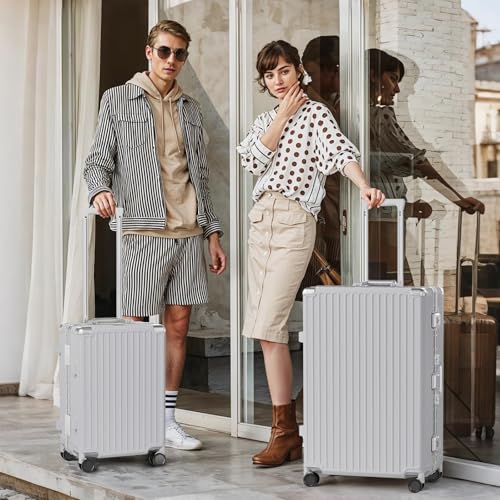 Image of AnyZip Luggage Sets 2 Piece Aluminum Frame Carry On and Checked Suitcase PC ABS Hard Shell TSA Lock No Zipper(Silver, 20 /28)