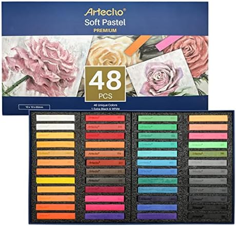 Artecho 48 Premium Soft Pastels, 46 Colors Including 4 Fluorescent Colors, Extra Free Black & White, Square Chalk for Drawing, Blending, Layering, Shading, Pastels Art Supplies for Kids, Beginners