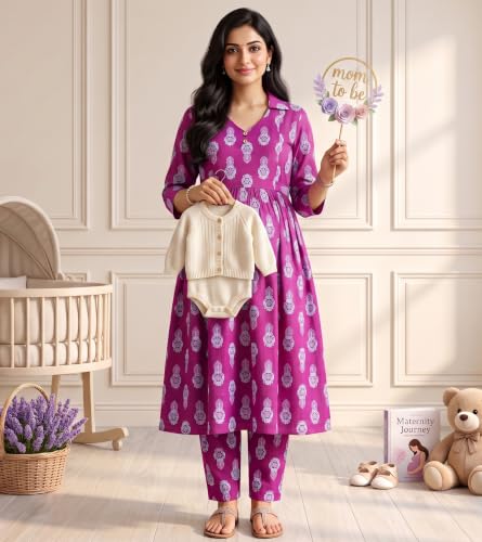 Image of DUMMY SHAPE Maternity Dresses for Women Cotton | Floral Kurta Pant Dupatta Set with Nursing Zippers, Side Pocket | Pre & Post Pregnancy | Feeding Kurti Suit | Baby Shower | Gifts for Pregnant Woman