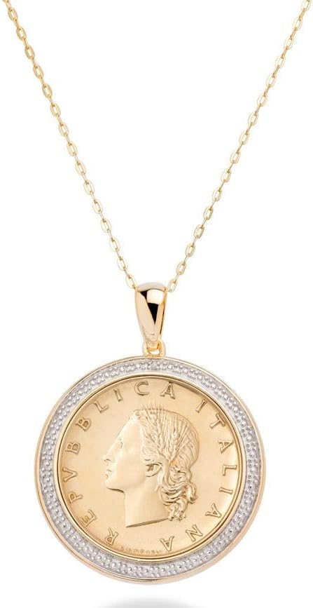 Miabella 18K Gold Plated 925 Sterling Silver Diamond Accent Genuine Italian 20 Lira Coin Medallion 18 Inch Chain Pendant Necklace for Women