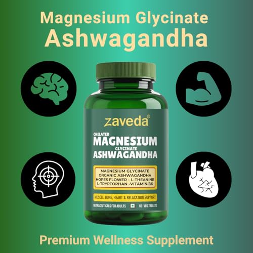 Image of Magnesium Glycinate Ashwagandha Tablets with Hopes Flower, B6, L-Theanine, L-Tryptophan & Zinc | Highly Advanced Plant Based Formula | Muscle Recovery, Sleep & Nerve Health | 60 VegTablets