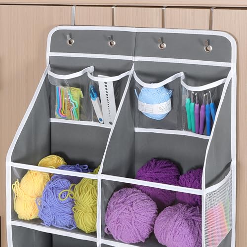 Image of Univivi Hanging Yarn Storage Organizer with Clear 4 Pockets, Extra Large 6 Tiers Crochet Bag Organizer, Over the Door Yarn Storage for Crochet Hook, Knitting Needles (Grey)