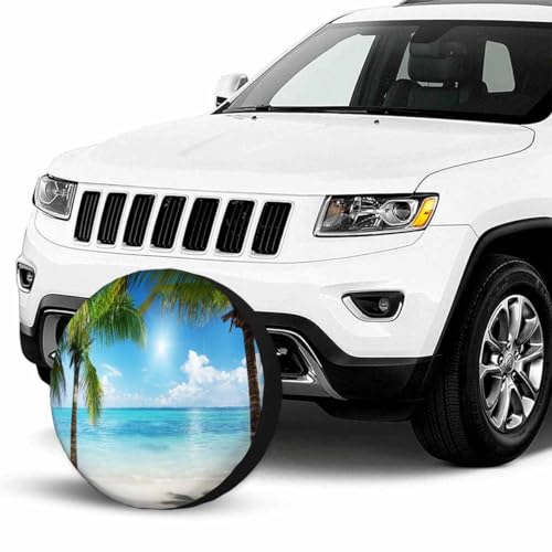 Image of Palms and Beach Spare Tire Cover Tropical Landscape Caribbean Wheel Covers for RV Tires Camper Tire Case Protectors for Trailer Rv SUV Truck Travel Trailer 15 in