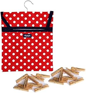 Vintage Home Retro Style RED & WHITE Polka Dot Quality Cotton Fabric PEG BAG with Clothes Line Hanging Hook - includes 40 quality wooden clip CLOTHES PEGS