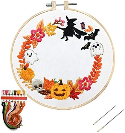 Nuberlic Embroidery Kits, Cross Stitch Kit for Beginners Adults DIY Halloween Pumpkin Wreath Crafts Embroidery Kit