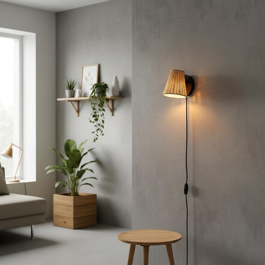 BARCELONA LED Applique Murale en Rotin "BLIND" avec Base Métallique Noire, Câble et Prise, Ampoule E27, Design Moderne et Vintage pour Chambre, Salle de Bain, Cuisine et Couloir