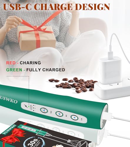 Image of YUSWKO Handheld Milk Frother Wand for Coffee, Rechargeable Electric Whisk with 3 Heads 3 Speeds Drink Mixer Coffee Frother For Latte, Cappuccino, Hot Chocolate, Egg, Green with Holder