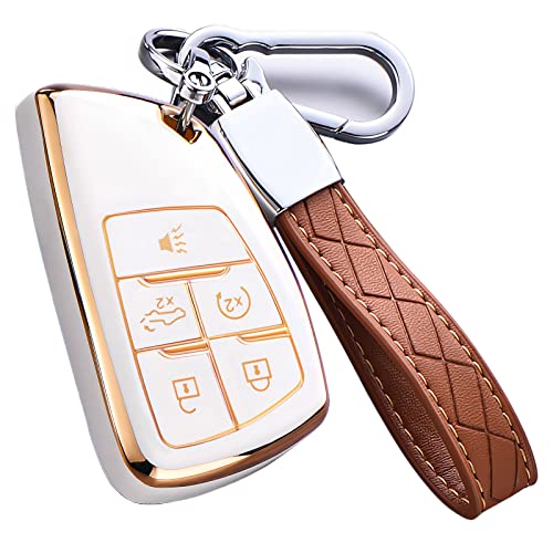 Cacacar Key Fob Cover for Chevy GMC with Keychain Silverado Sierra Tahoe Suburban Equinox Traverse Yukon Denali Terrain Buick Envision Premium Soft TPU Case (5 Buttons Ivory)