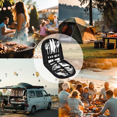 [23-teiliges 4 Personen] Camping Geschirr Set – Besteckset mit Edelstahl Gabeln, Messer und Löffel – Tragbares Besteck für Outdoor, Picknick und Grillen. (Enthält 4 Teelöffel) (Standardversion)