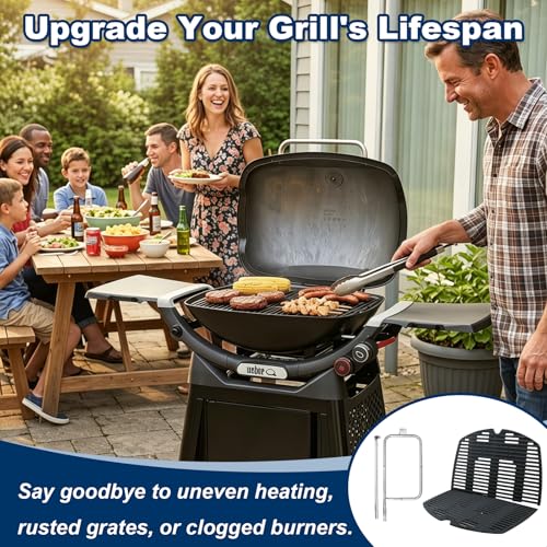 Image of LS'BABQ Grill Replacement Parts Kit for Weber Q300 Q320 Q3000 Q3200 Gas Grills, 7646 Cast Iron Cooking Grates and 65032 Grill Burner for Weber 424001 426001 57060001 586002 Grills Models