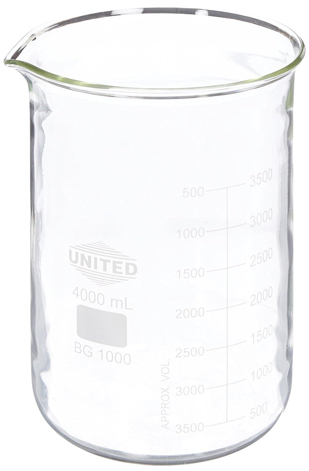 United Scientific BG1000-4000 Borosilicate Glass Low Form Beaker, 4000ml Capacity