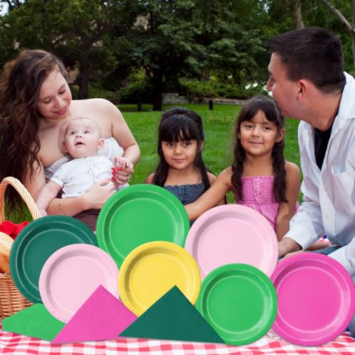 Image of CMUSKO Flamingo Party Decorations - 60pcs Hot Pink Dark Green Plates and Napkins Set Summer Hawaiian Tropical Tableware for Birthday,Bachelorette Party