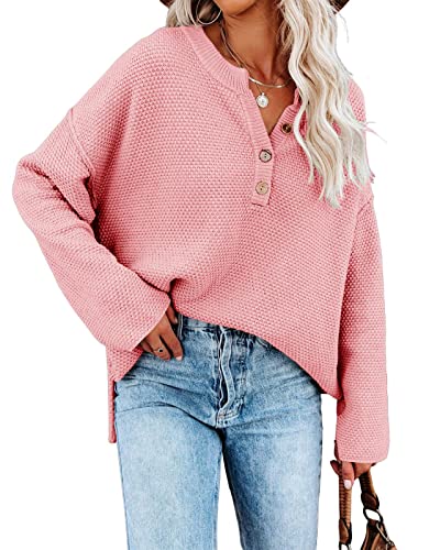 Saodimallsu Pull surdimensionné à manches longues chauve-souris et col en V pour femme Bleu, rose, M Cover