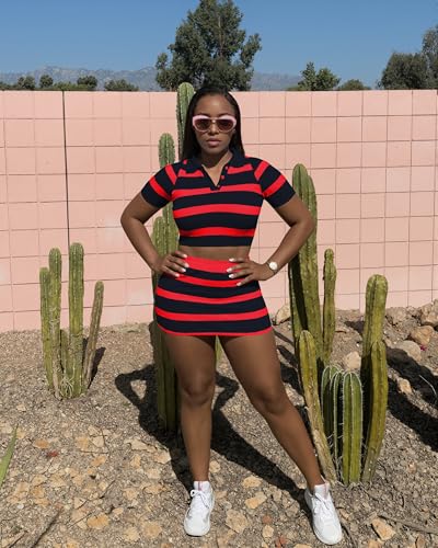 Image of HBQ Women's Casual 2 Piece Skirt Sets Polo Collar Crop Top Striped Mini Dress Summer Vacation-Stripe