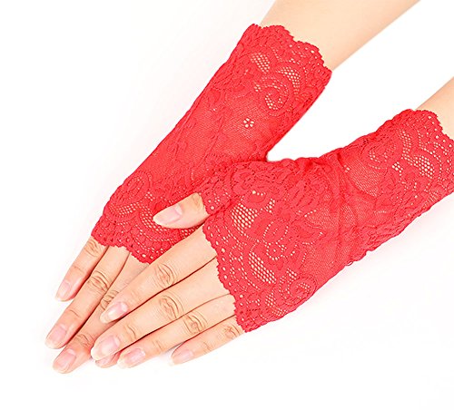 Nanxson Mujer Cordón Floral Verano Guantes Protector Solar Anti-UV Mano Protector ST0084 (L, Rojo)