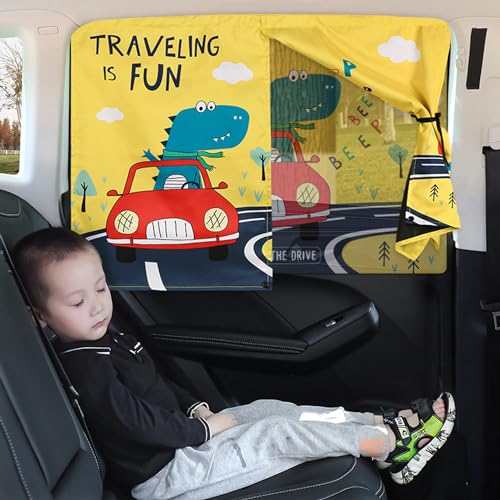 Kwak's Magnet Sun Shade Curtain for Car Side Window,Cartoon Double-Layer Car Window Shades for Privacy Protection and Sunshade (Dinosaur Yellow)