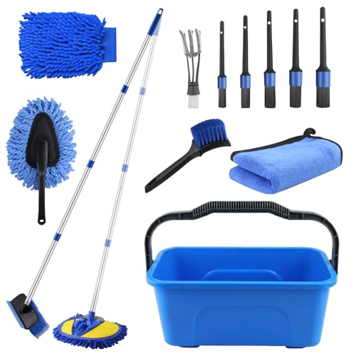 17Pcs Car Wash Kit with Bucket Car Cleaning Kit with 62 Long Handle Car Wash Brush Mop Mitt Duster Wheel Brush Detailing Brushes Towel Car Washing Supplies for Cars RV Truck Exterior and Interior