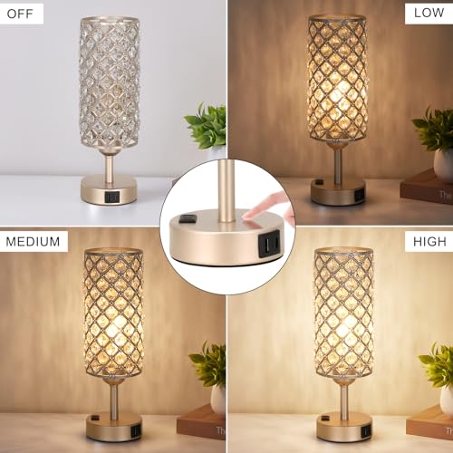 Image of Hong-in Touch Table Lamps for Bedrooms Set of 2-3 Way Dimmable Champagne Gold Crystal Lamps with Crystal Shade, Bedside Nightstand Lamp for Living Room Bedroom Home Office