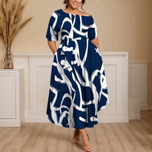Image of Plus Size Women Wedding Guest Dress Off Shoulder Boat Neck Irregularly Flowy Midi Church Dress