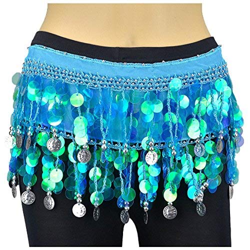 Image of VRITRAZ Women's Chiffon Belly Dance Hip Scarf Waistband Belt Skirt Mixed Colors Beads and Golded Coins 56 Black