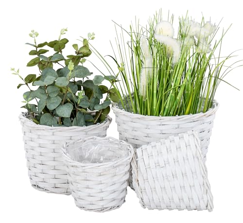 levandeo 4er Set Pflanzgefäß Weide H15-19cm Weiß Garten Pflanzkorb Weidekorb Shabby Chic Vintage Blumenkübel Pflanzkübel Blumenkorb Boho Deko
