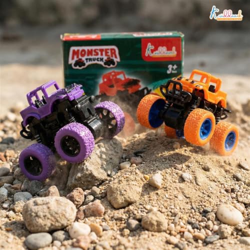 Image of Kriddaank Pack of 2 4x4 Monster Truck for Kids - Friction Powered Stunt Cars with 360 Spin Action - 4WD Push and Go Toy Vehicles for Toddlers, Boys & Girls Aged 3-7 Years (Multicolor)