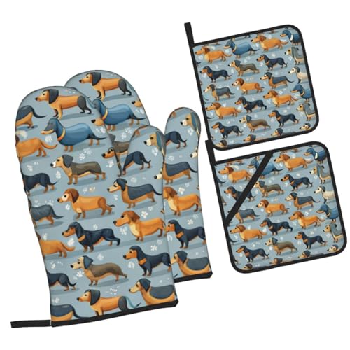Colors Dachshund Weiner - Juego de 4 manoplas de horno y soportes para ollas, resistentes al calor, antideslizantes, guantes de barbacoa para cocina, hornear, cocinar a la parrilla