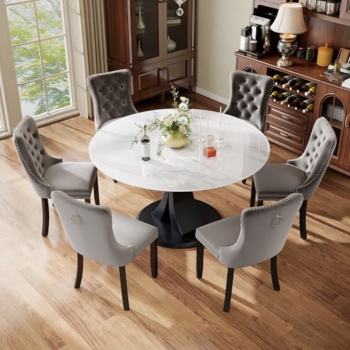 Image of 7-Piece Dining Table Set with 47In Faux Marble Table and 6 Velvet Upholstered Chairs, Modern Scandinavian Furniture for Dining Room Kitchen(Gray)