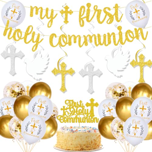 First Communion Decorations Gold Glitter My First Holy Communion Banner First Communion Hanging Decorations and Balloons Cake Topper First Holy Communion Party Decor for Boys and Girls
