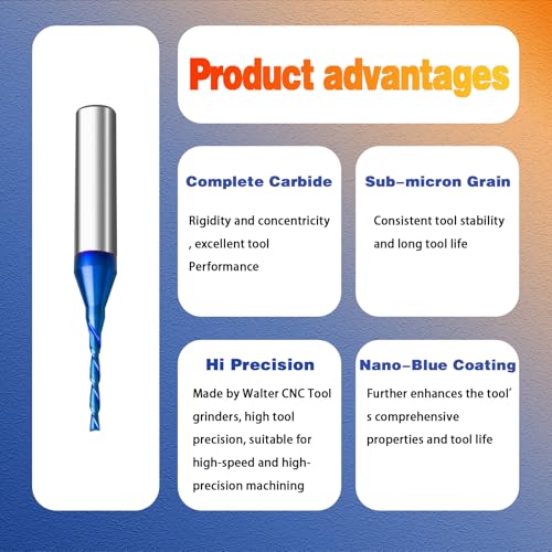 Image of 5PCS Down Cut Solid Carbide Spiral Plunge Router Bits 1 /4 inch Shank 1 /16 inch Cutting Diameter 2 inch OVL. Spiral Carbide Bit with Nano Blue Coating CNC Router Bits for Woodwork
