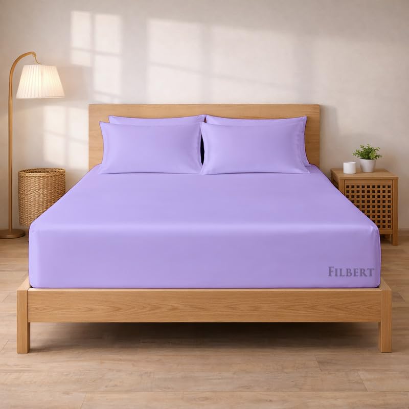 Image of Filbert - Premium Satin Fitted Bedsheet Queen Size (60x78 Inch) with 2 Pillow Covers | Hypoallergenic Breathable | Hair and Skin Friendly, Women Gift Choice|Levender