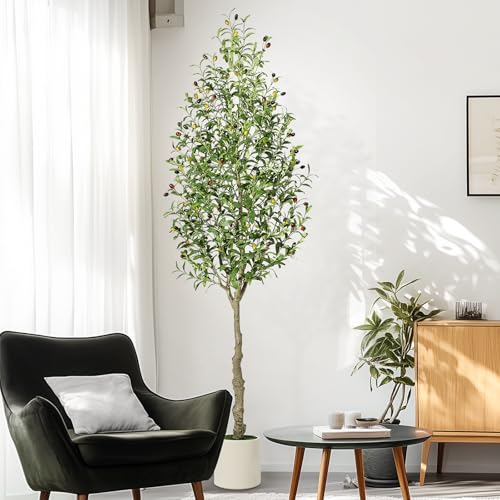 Artificial Olive Tree 7FT Tall Faux Olive Tree Indoor Fake Silk Plant with Realistic Trunk, Leaves, Fruits and White Planter, Faux Potted Tree for Home Decor and Housewarming Gift, 1 Pack
