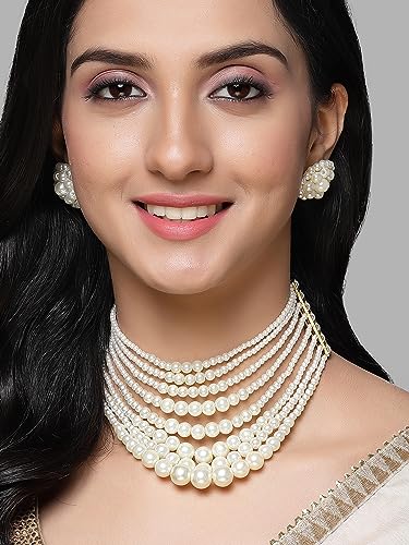 Image of Karatcart Pearl Multilayer Beaded Choker Necklace Set for Women