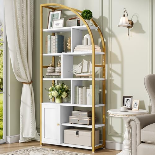 Image of Jehiatek 71 inch Arc Gold Bookshelf with Storage Cabinet, Tall 6 Tiers Industrial Bookcase with Sturdy Metal Frame, Geometric Book Shelf for Lving Room, Home Office, Gold and White