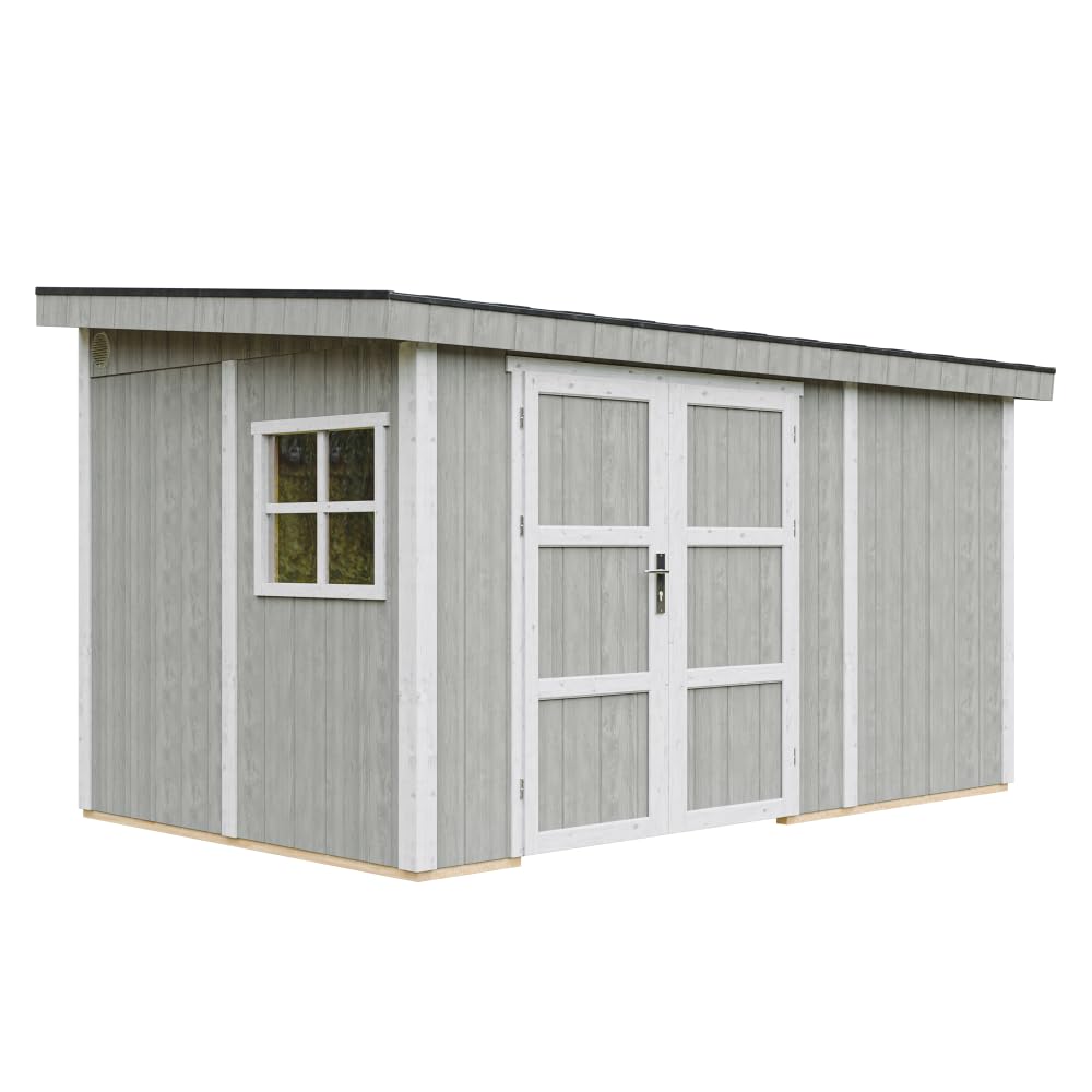Casetta da giardino di qualità premium 8,68 m² - H231x248x412 cm - Costruzione in pannelli LP Smartside - Senza pavimento e parete laterale - Timbela M939B-TUNDRA GREY