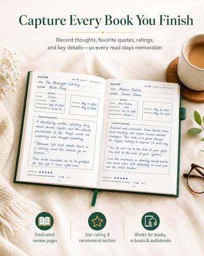 JXSELECT Elegant Reading Journal - 60 Book Reviews Logbook with Pen Holder & Back Pocket - Track Your Reading Progress - Ideal Gift for Book Lovers & Avid Readers (Earth Green) - Image 3
