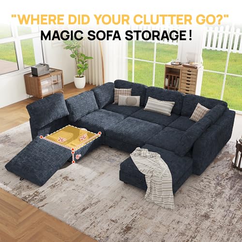 Image of 128 inch Modular Sectional Chenille Sofa bed with Hidden Storage, Comfy Modern 8 Seater Oversized Deep Seat Couch, Modular Sectional with Ottoman and Removable Cover for Living Room, Apartment, Black