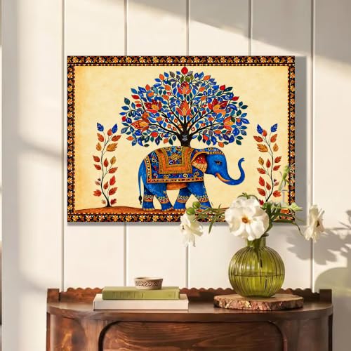 Image of Madhubani Elephant Stretched Canvas Painting for Living Room Wall Decor, Tree of Life Indian Traditional Vastu Stretched Canvas Wall Art for Vastu Place Bedroom Home Hallways Office Hotel, Size 22x34 Inch