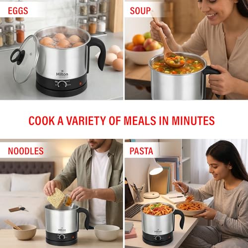 Image of Hilton 600W Multipurpose Electric Kettle with Steamer, Stainless Steel Body, Cool Touch Handle, Auto Shut-Off for Boiling Eggs, Water, Milk, Noodles & Soup, 1.5Ltr, Black & Silver