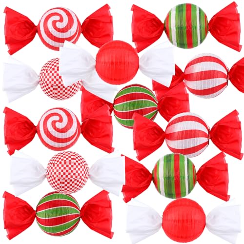Faccito 12 Pcs Christmas Candy Paper Lanterns 8 Inch Red Green White Candy Canes Peppermint Lanterns DIY Decorative Hanging Paper Party Decorations for Xmas Party Supplies