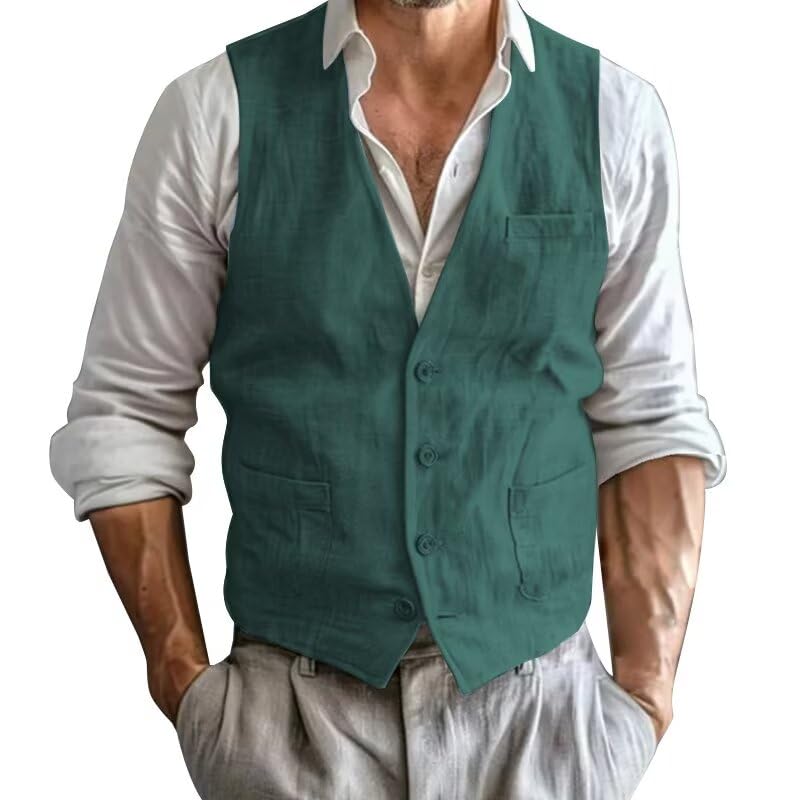 Men's Summer Linen Suit Vest Slim Fit Vintage Dress Vest Beach Wedding Casual Waistcoat for Party Groomsmen