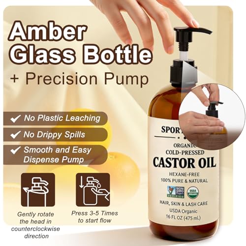 Image of SPORTYOUTH USDA Organic Castor Oil Cold Pressed Glass Bottle with Pump | 16oz, 100% Pure & Natural, Hexane Free, Non-GMO, Unrefined, Vegan Body Oil, for Hair, Lashes, Brows, Face, Skin, Massage